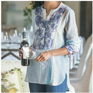 Soft‎ Surroundings Shirt Women Medium Blue Floreale Striped Popover Linen Top